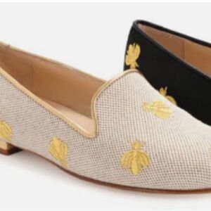 Anthropologie Beige and Black Loafers with Gold Accents